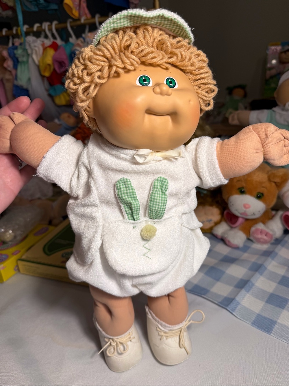 Restored Cabbage Patch in White Bunny terry cloth outfit with Green gingham
